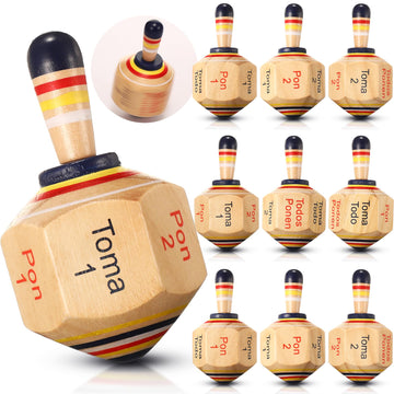 Poen 10 Pieces Large Wooden Toma Todo Bulk, 4.5 Inch Classic Mexican Wood Spinning Top Game For Kids And Adults, Pirinola Toma T