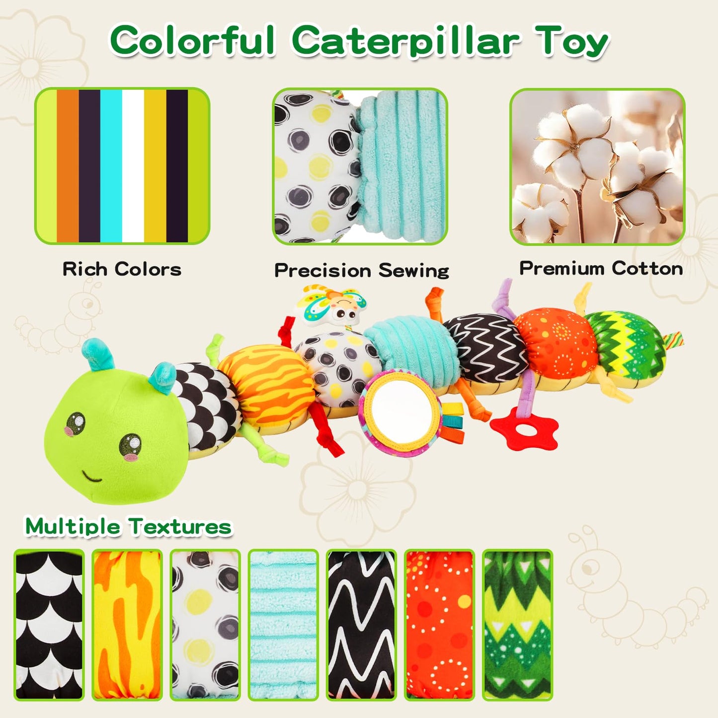 Baby Toys Musical Caterpillar for 0-12 Months  Infant Stuffed Animal with Mirror  Crinkle & Rattle  Tummy Time Toy for Newborn 3 6 9 12 18 Months  Baby Shower Gifts for Boys and Girls