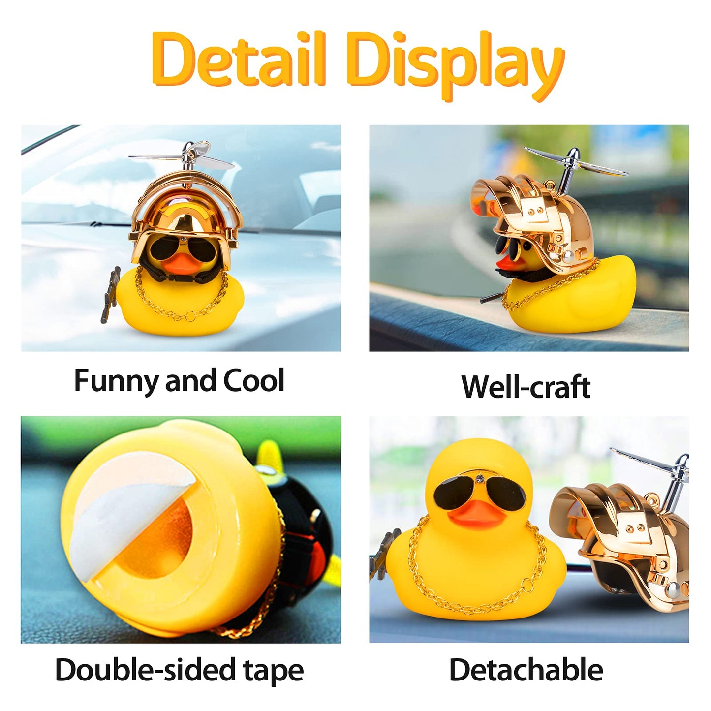 wonuu Rubber Yellow Duck Car Ornaments Cool Duck Car Dashboard Decorations with Propeller Helmet Sunglasses (Dazzling Gold-Yellow G)