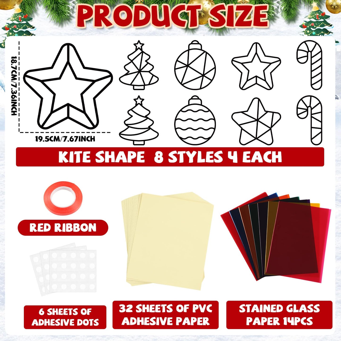 QOUBAI 32 Sets Christmas Suncatchers Craft Kit DIY Colorful Stained Glass Paper Crafts for Kids - Model QB1181