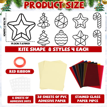 QOUBAI 32 Sets Christmas Suncatchers Craft Kit DIY Colorful Stained Glass Paper Crafts for Kids - Model QB1181