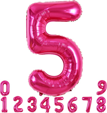 Toniful 40 Inch Hot Pink Large Numbers Balloon 0-9 Birthday Party Decorations,Foil Mylar Big Number 5 Balloon Digital 5 For Birt