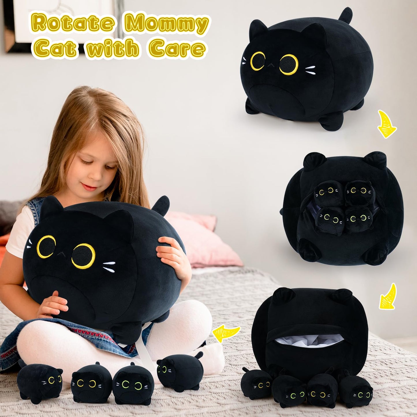5 Pcs Black Cat Plush Toys- Black Cat Plush Stuffed Animal Family, Cute Black Cat Mommy Cat With 4 Baby Kittens Cat Plushies For Kids, Kawaii Cat Plush Toy Birthday Gifts For Kids Boys Girls
