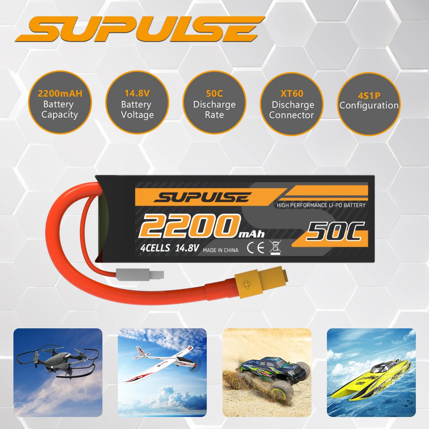 SUPULSE 4S Lipo Battery 14.8V 50C 2200mAh with XT60 Plug T Plug Soft Case Battery for RC Airplane Helicopter RC Boat RC Car Truc