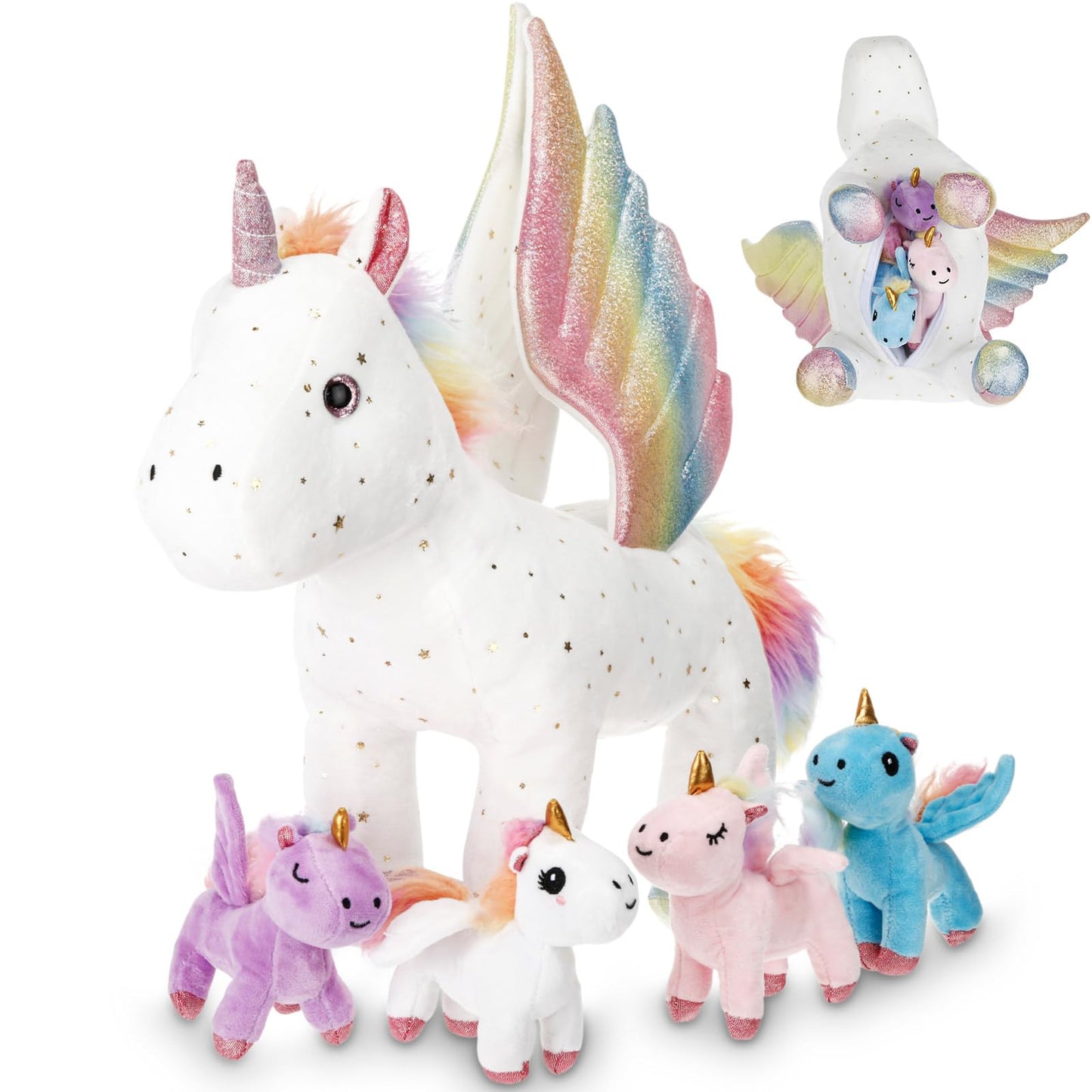 Hollowfly 5 Pcs Fly Unicorns Plush Toy Gift Set 15.7 Mom Unicorns with 4 Cute Babies Stuffed Animal in Zippered Back Nurturing P