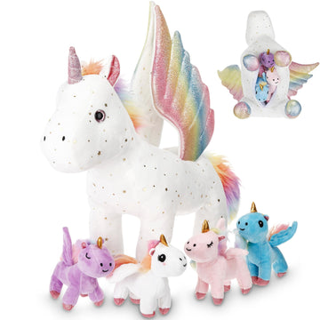 Hollowfly 5 Pcs Fly Unicorns Plush Toy Gift Set 15.7 Mom Unicorns with 4 Cute Babies Stuffed Animal in Zippered Back Nurturing P