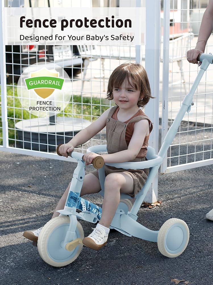 newyoo Lume TR008 Tricycle for Toddlers 1-3, 5-in-1 Push Trike, Carbon Steel, Coastal, 19"x25"x20"