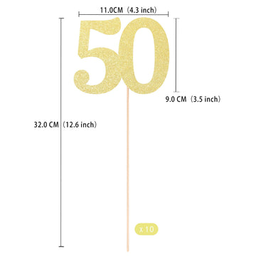Gexolenu 50th Anniversary Decorations - 10 Pack Gold Glitter Table Toppers, Double-Sided Centerpieces for Birthday Party, Number 50