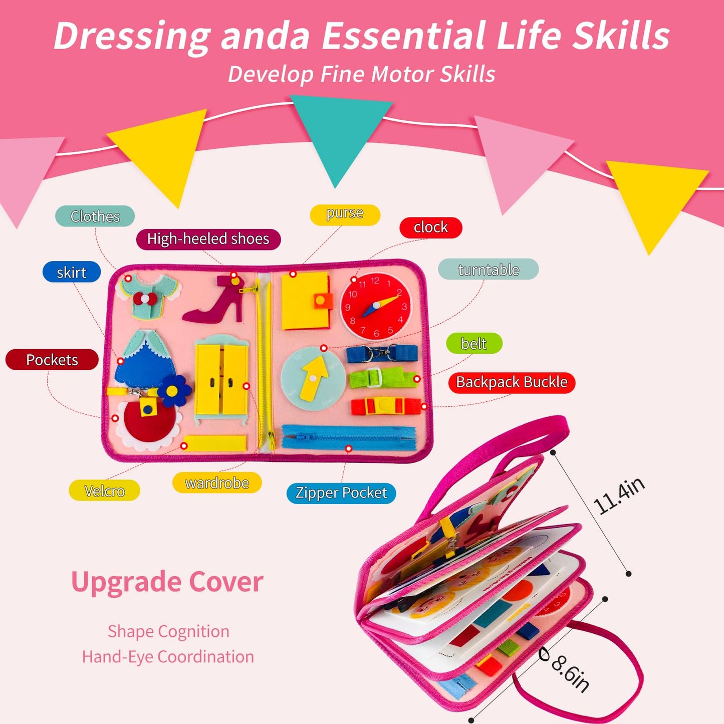 Montessori Busy Board For Toddlers 1-3 Years Sensory Activity Board With Zipper, Buckle, Laces - Educational Travel Toy, Learnin