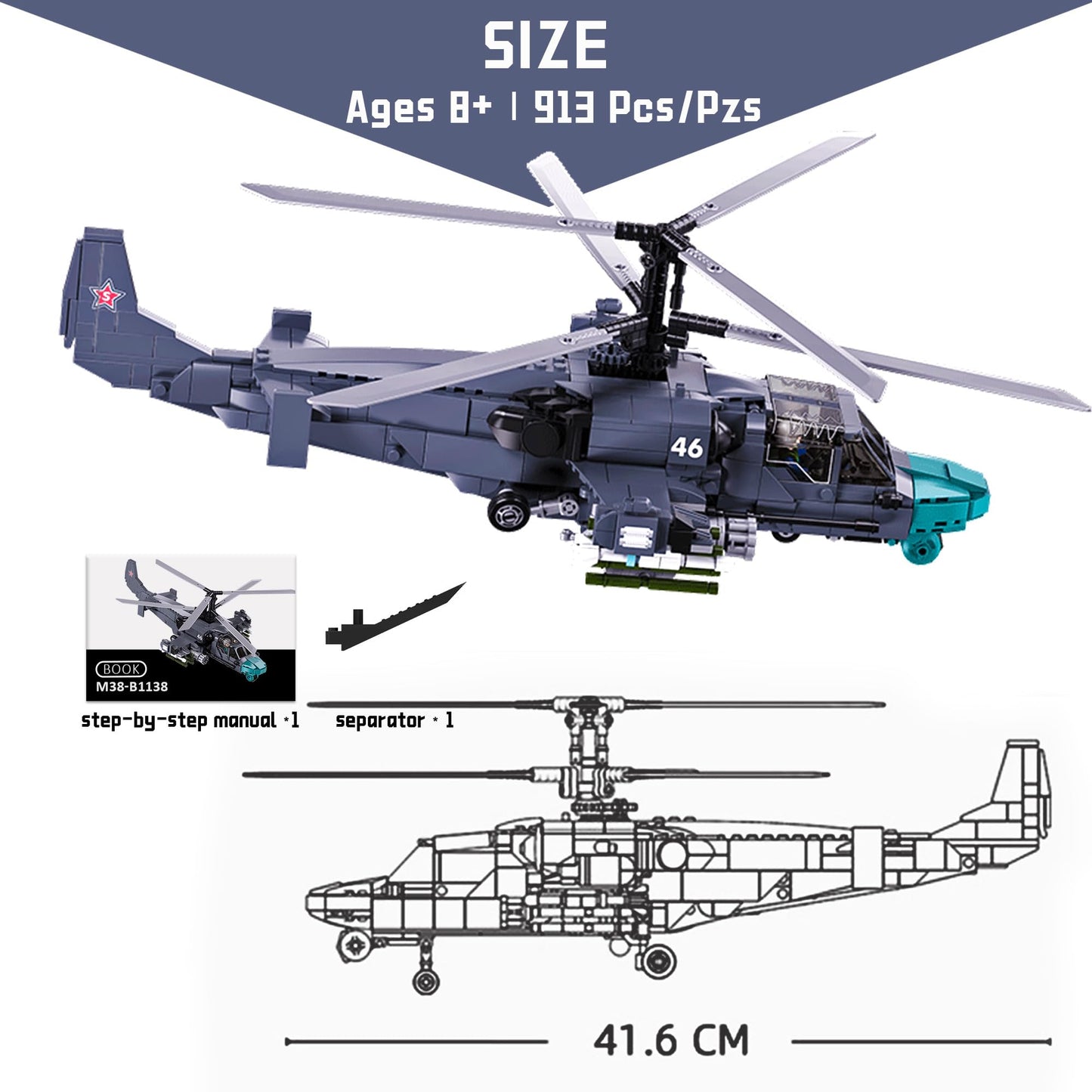 Tarcury Kamov Ka-52 Scout Attack Helicopter Building Toy - Army Set With 913 Pcs, 1:30 Scale, Includes 2 Toy Soldiers - Fun For