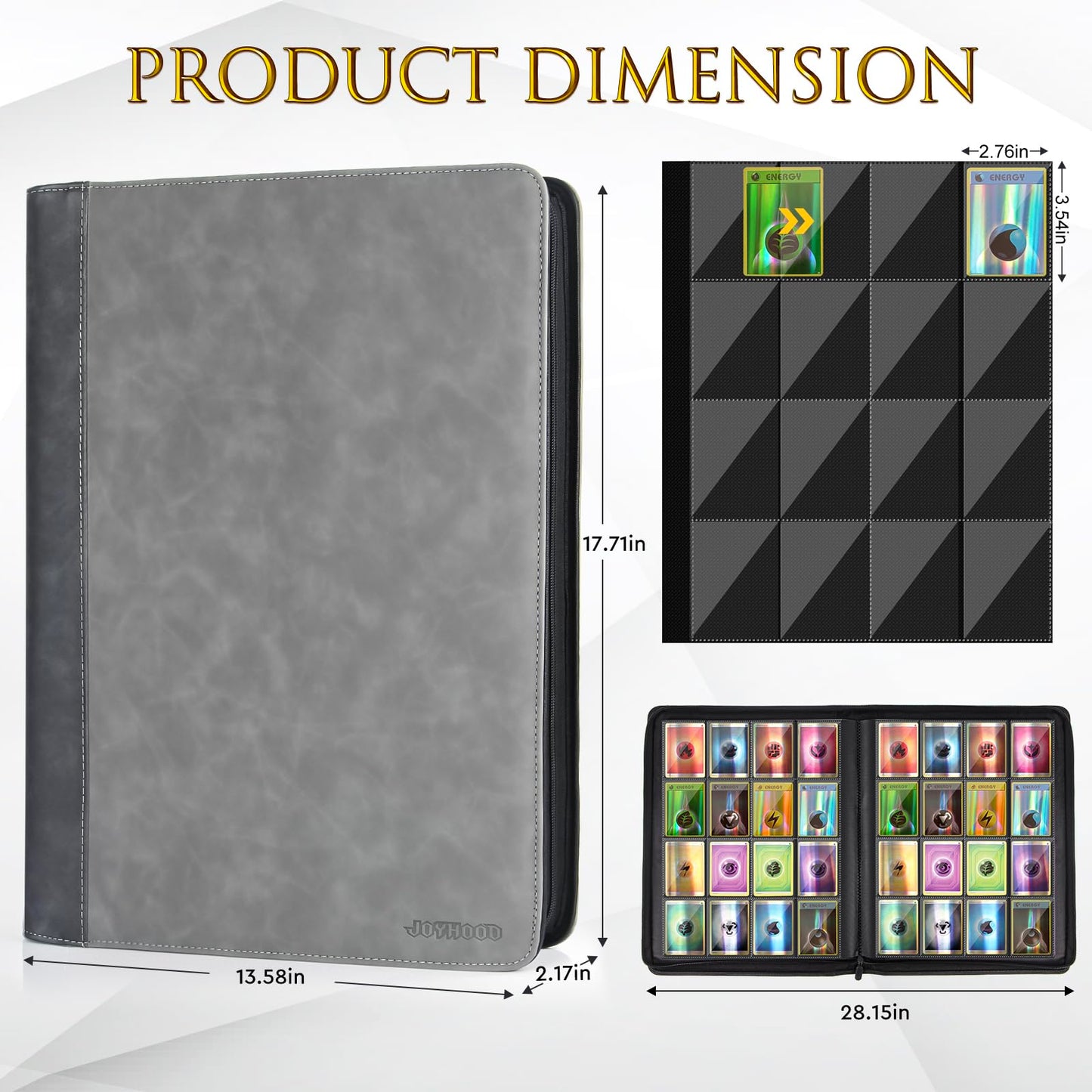 JoyHood Card Binder for Trading Card  Card Collection Binder with 16 Pocket - Hold Up to 1024 Cards  Card Album Holder compatible with TCG/PM/MTG/OPCG/YGO Card (Grey  16 Pockets)