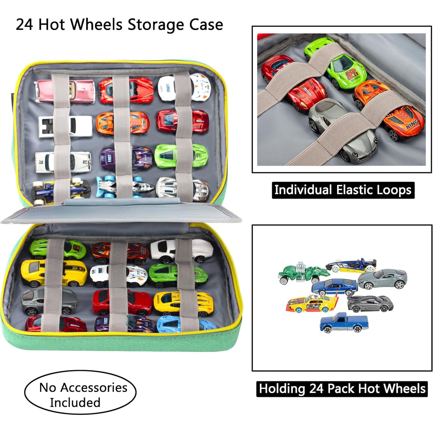 KISLANE Toy Cars Storage Case for 24 Cars, Green Polyester Bag, Compatible with Matchbox and Mini Toys