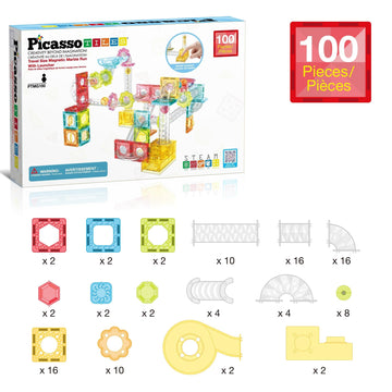 Picassotiles 100 Piece Magnetic Marble Run Travel Size Sensory Toddlers Construction Toy Set Mini Diamond Magnet Tiles Marbles F
