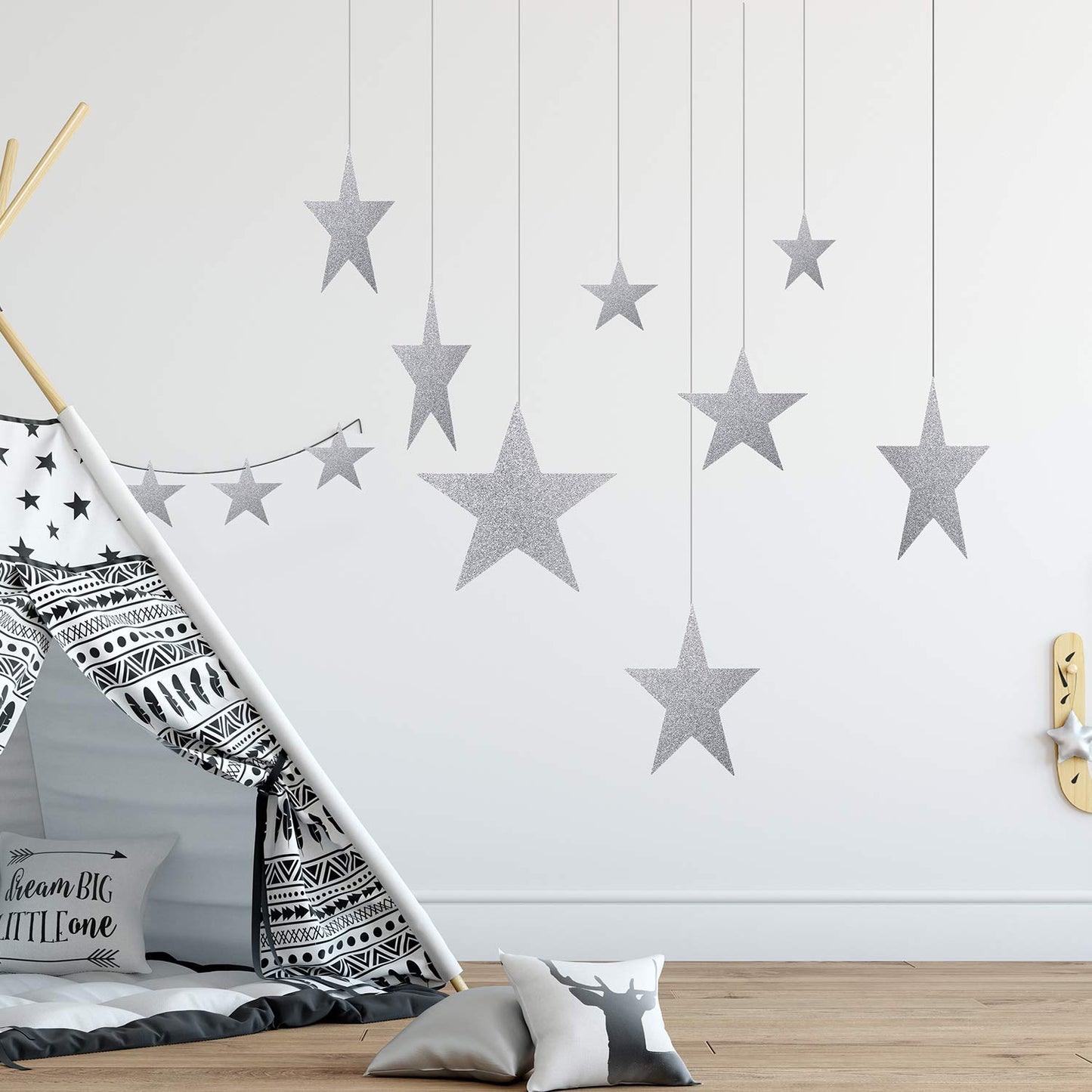 Boao 24 Pieces Silver Cardboard Stars Silver Glitter Stars Cutouts 4 Sizes 6cm/12cm/20cm/30cm Hanging Glitter Star Garlands with