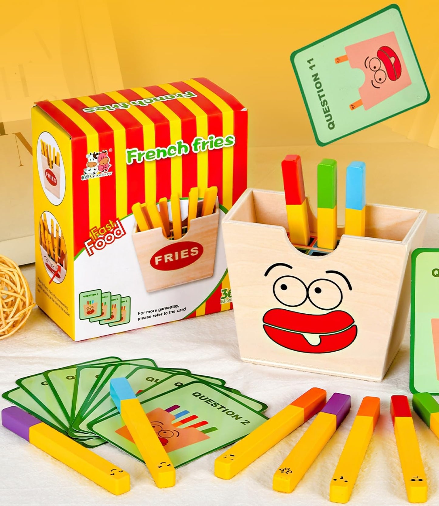 Mikneke Wooden French Fries Sorting & Stacking Toys For Toddlers, Montessori Toys For 3 Year Old, Preschool Educational Toys To Develop Fine Motor Skills