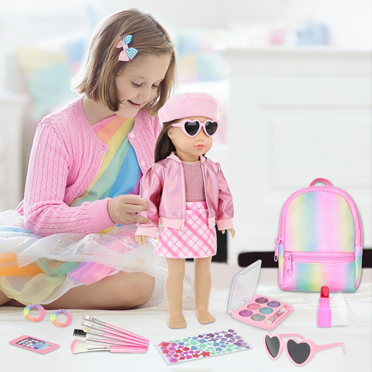 Ecore Fun 17-Piece 18 Inch Doll Accessories Cosmetic Set With Backpack & Outfits | Pretend Play Makeup Kit For 18'' Dolls | Incl