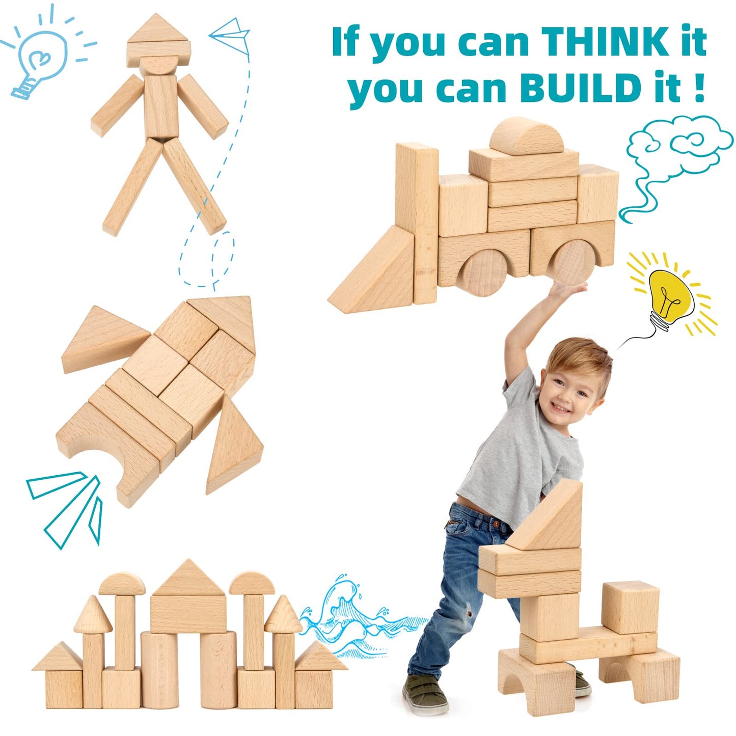 Timfuis Wooden Building Blocks Set, 80 PCS Natural Wood Stacking Block Toy with Carrying Bag, Montessori Learning Birthday Gifts