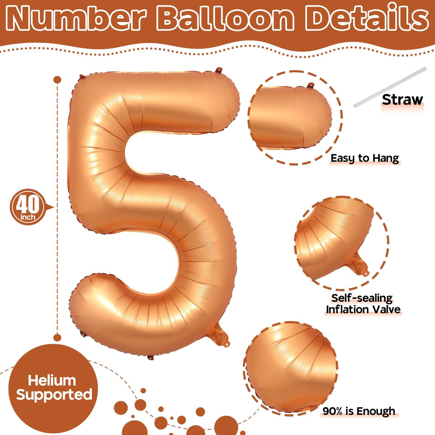40 Inch Number 5 Balloon, Big Foil Self Inflating 5Th Birthday Number Balloons Orange Decor, 0-9 Set Helium Ballons For Girls Ki