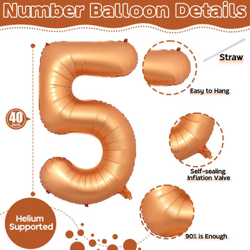40 Inch Number 5 Balloon, Big Foil Self Inflating 5Th Birthday Number Balloons Orange Decor, 0-9 Set Helium Ballons For Girls Ki