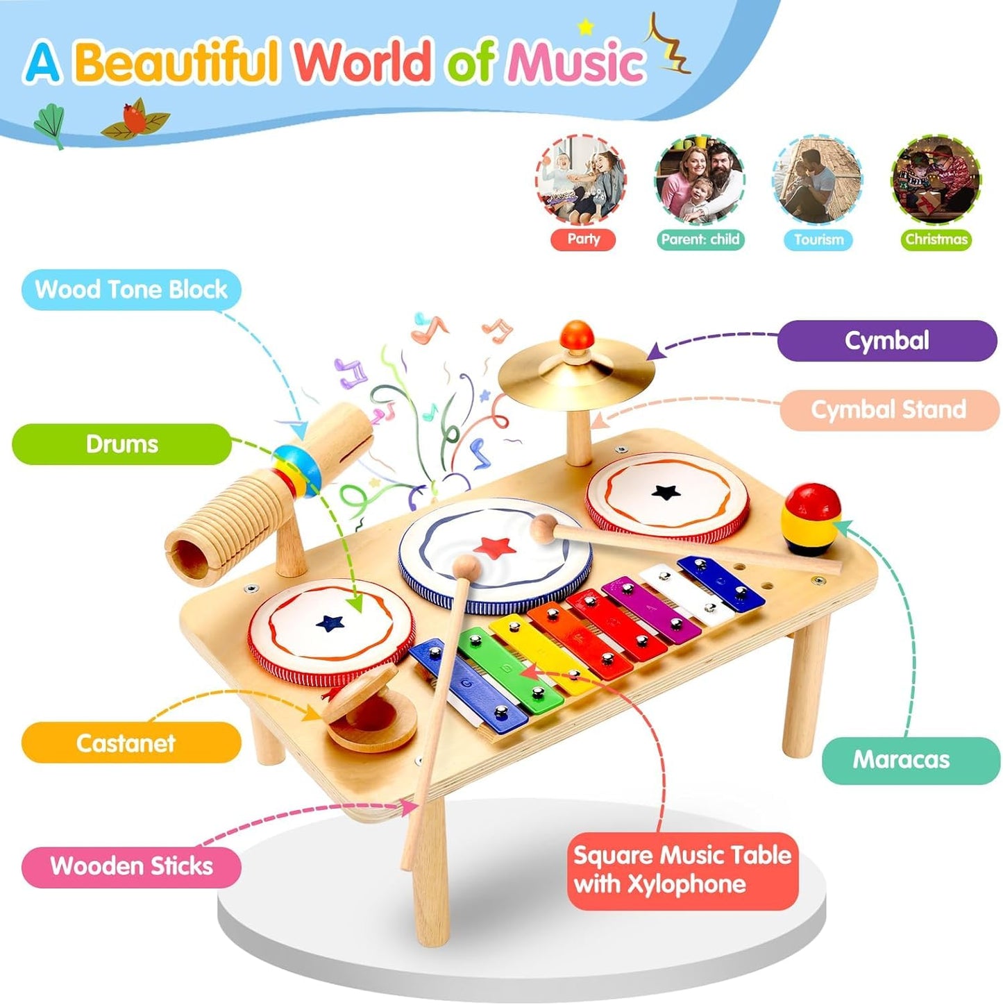 WINGYZ Baby Drum Set – 9-in-1 Wooden Musical Instruments, Montessori Music Toys, 16'' L x 10'' W x 10'' H, Multicolor, Model Xyl