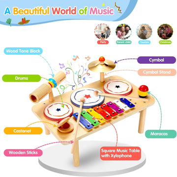 WINGYZ Baby Drum Set – 9-in-1 Wooden Musical Instruments, Montessori Music Toys, 16'' L x 10'' W x 10'' H, Multicolor, Model Xyl