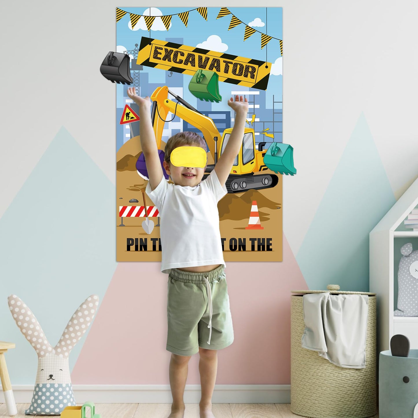 Hooqict Pin The Bucket On The Excavator Construction Party Games For Kids Boys Birthday Party Pin The Games Construction Party Decorations Supplies, Large Excavator Poster With 32 Stickers