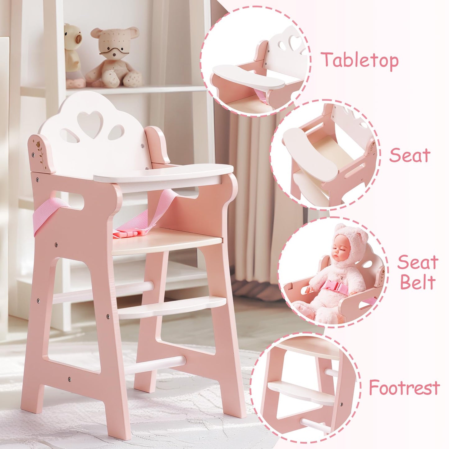 Robotime Baby Doll High Chair, Pretend Play High Chair With Safety Belt And Footrest, Wooden Baby Doll Accessories, Baby Doll Fu