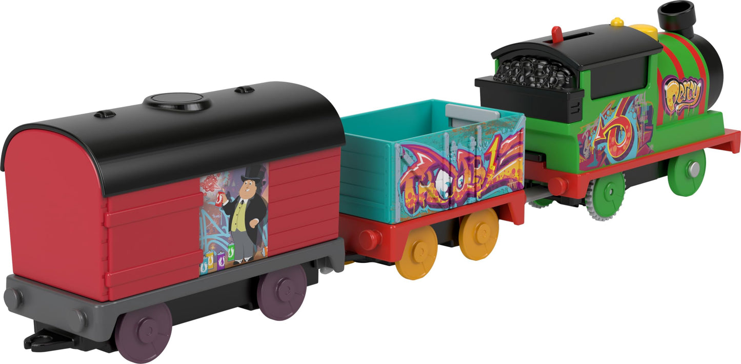 Thomas & Friends Motorized Toy Train Graffiti Percy Battery-Powered Engine With 2 Cargo Cars For Pretend Play Preschool Kids Ages 3+ Years