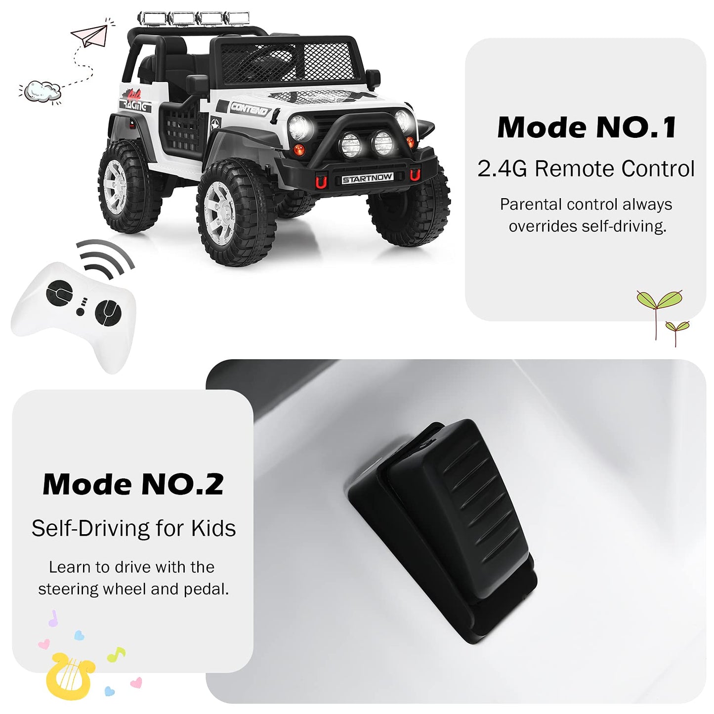 HONEY JOY 2 Seat Ride On Truck,12V Battery Powered Electric Cars for Kids, Spring Suspension, LED Lights, Remote Control, Horn,