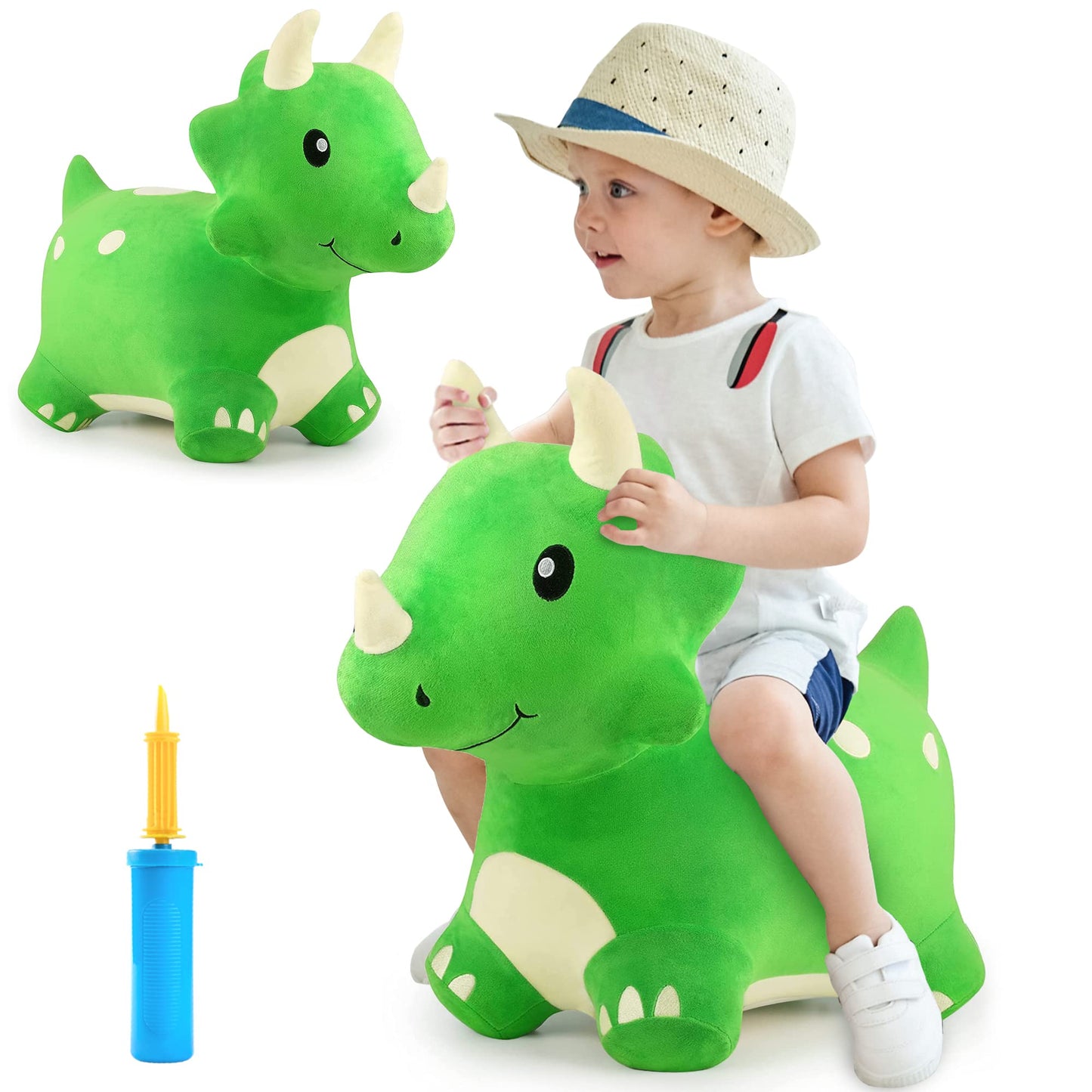 iPlay, iLearn Bouncy Pals Dinosaur Hopper Toy - Large Green Plush Triceratops for Kids, Perfect Outdoor Gift for Toddlers 2-6 Years