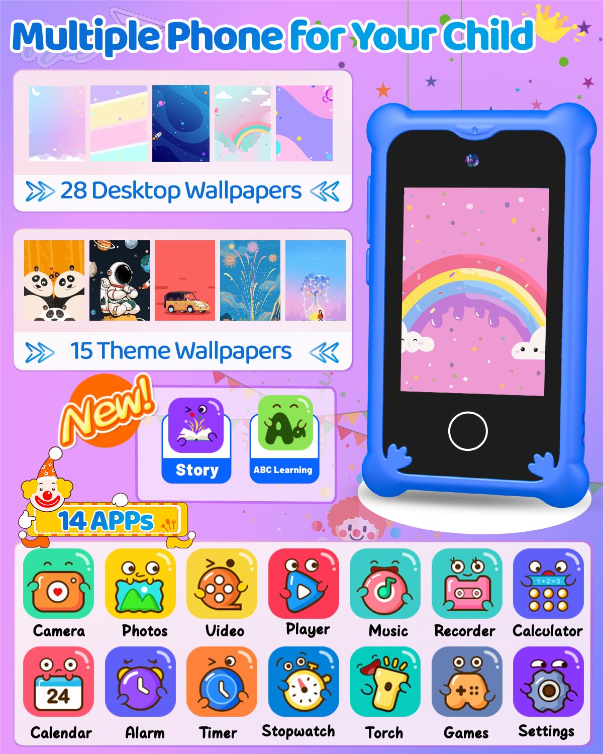 BESTOONE Upgrade Kids Phone Toys for 3 4 5 6 Year Old Girls and Boys, Toddler Emulated Touchscreen Smartphone with No Calls, No