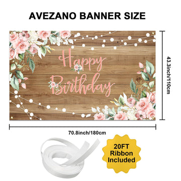 Avezano Rustic Wood Birthday Banner Happy Birthday Party Decorations Pink Floral Girls Women Banner Photo Booth Studio Props 70.