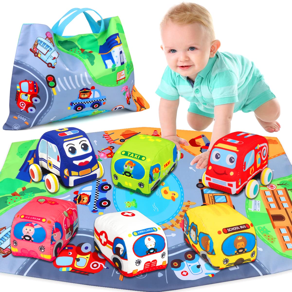 Baby Toys 6 to 12 Months - Soft Car Toys for 1 Year Old Boy Girl with Playmat Storage Bag - Infant Baby Toys 12-18 Months Toddle