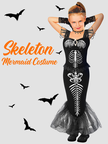 Liitrsh 6 Pcs Girls Halloween Skeleton Costume For Kids Fishtail Mermaid Dress With Accessories For Toddler Cosplay(10,Black)
