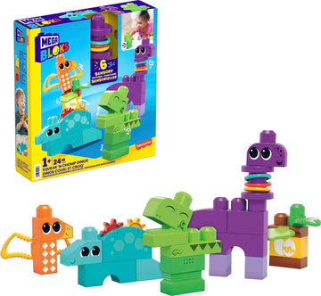 Mega Bloks Fisher-Price Toddler Building Blocks Toy Set, Squeak ‘N Chomps Dinos With 24 Pieces, 4 Buildable Animals, Ages 1+ Years