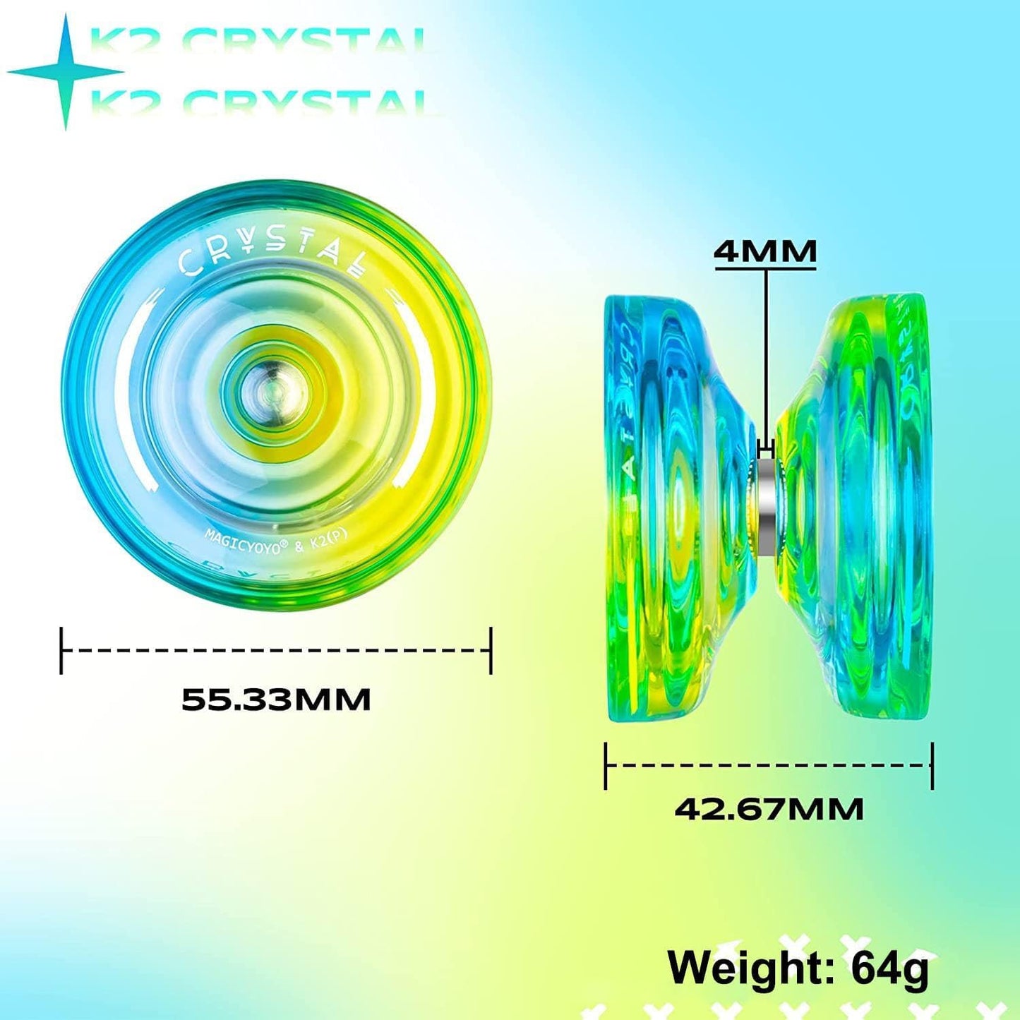 Magicyoyo Responsive Yoyo For Kids K2 Crystal, Dual Purpose Plastic Yo-Yo For Beginners, Replacement Unresponsive Bearing For Intermediate Advanced With12 Yoyo Strings, 2 Kk Bearings, 1 Yoyo Case