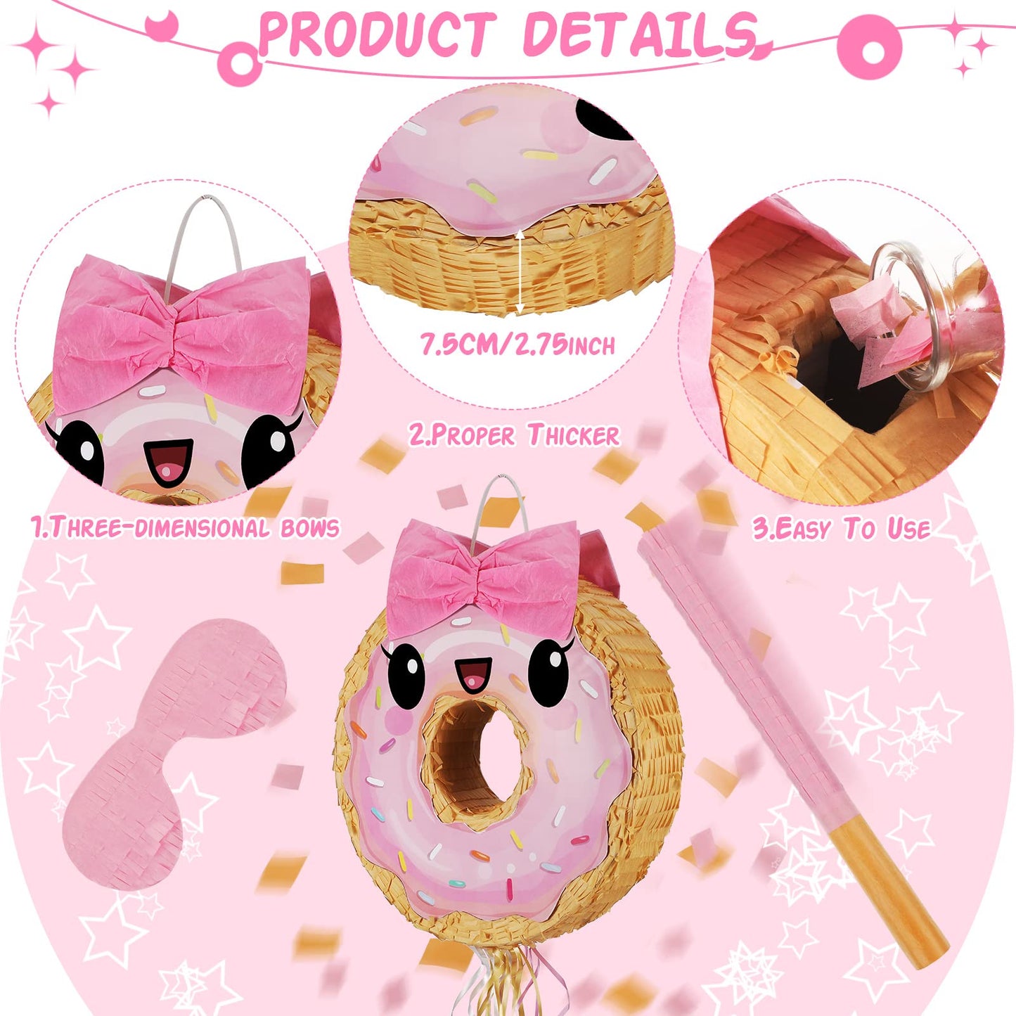 Zhanmai Pink Donut Pinata - Multicolor Party Decoration with String, Bat & Blindfold for Birthday & Baby Shower - Model KSN274711