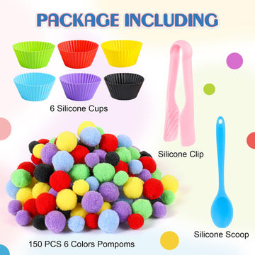 Icraftine 158 Pcs Fine Motor Skills Set - 150 Pom Poms, 6 Sorting Bowls, Tweezers, Spoon, Sensory Bin Filler For Preschool Kids