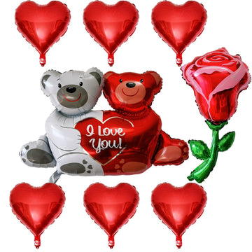 8 Pcs Red Heart Balloons Love Bears Balloons Red Flower Rose Balloons For Valentines Day Decorations Bridal Shower Wedding Party