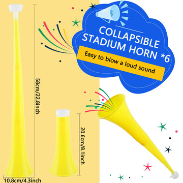 Cagemoga 6 Pieces Collapsible Stadium Horn 24 Inch Plastic Trumpet Horn Stadium Horn Noise Maker For Sporting Events Sports Themed Party Supplies (Yellow)