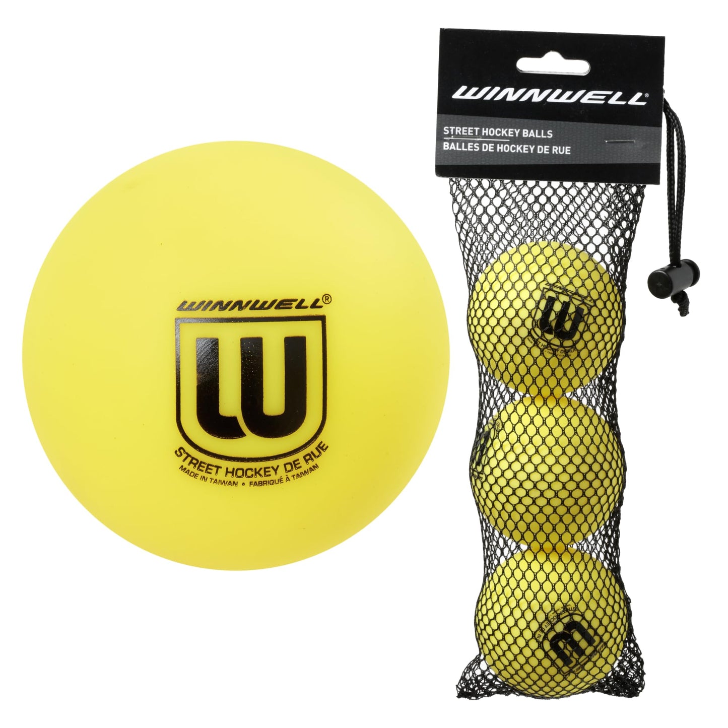 Winnwell Yellow 50 Gram Soft Density Street Hockey Balls - 3 Pack with Mesh Bag