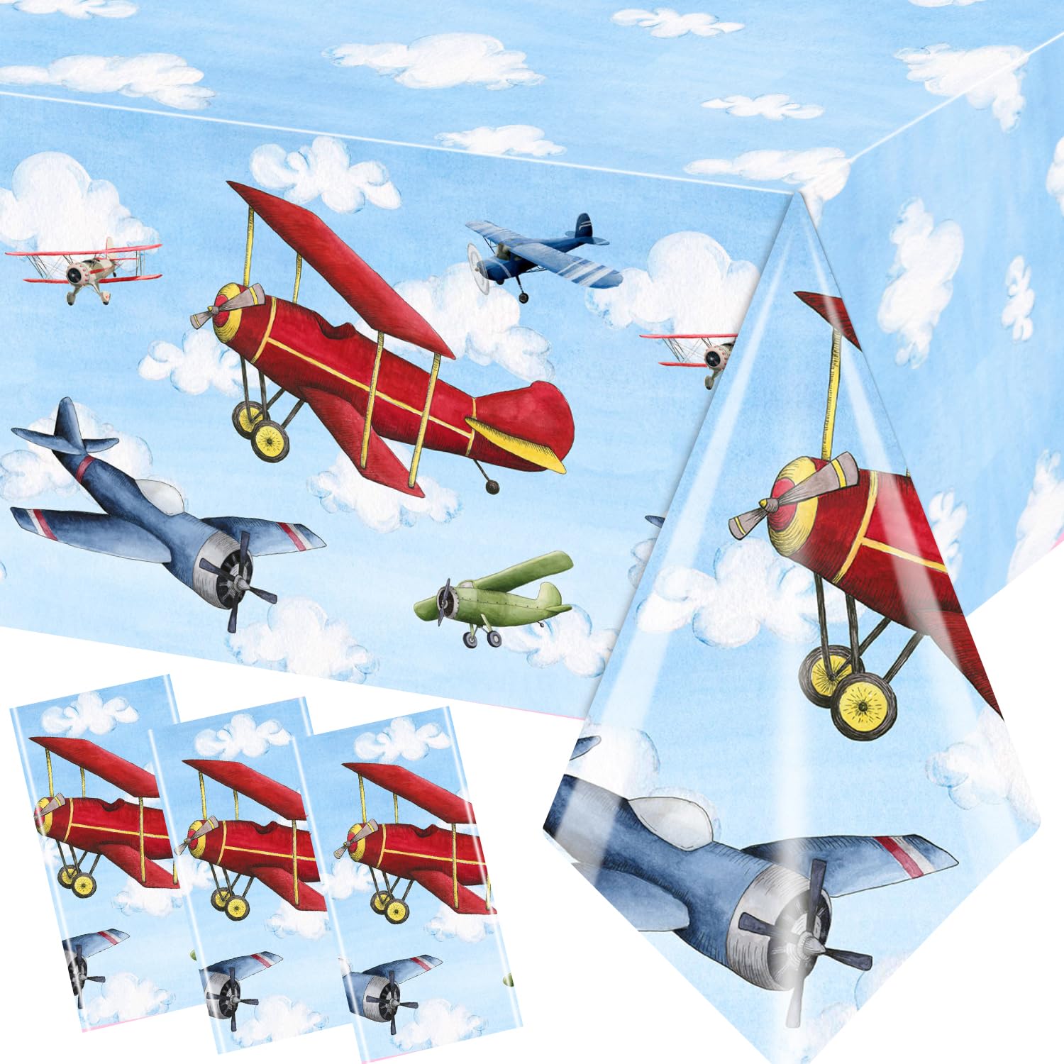 Grehumor 3Pcs Airplane Party Decorations Airplane Party Tablecloth Supplies Disposable Plastic Helicopter Blue Sky White Theme T