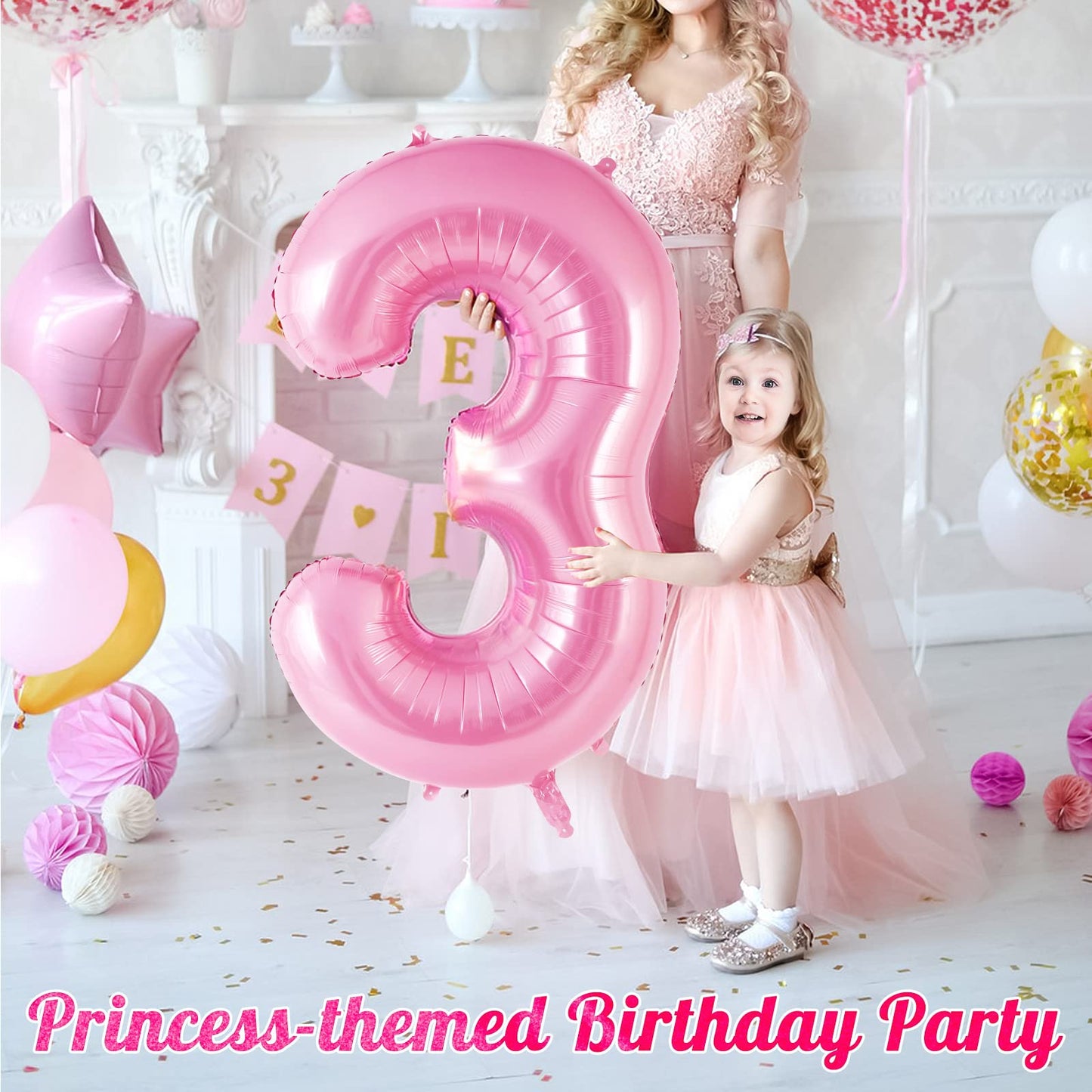 Pink Number 3 Balloon 40 Inch, Big Large Foil Helium Number Balloons, Jumbo Giant Mylar Number 3 Balloons For 3 Third Birthday P