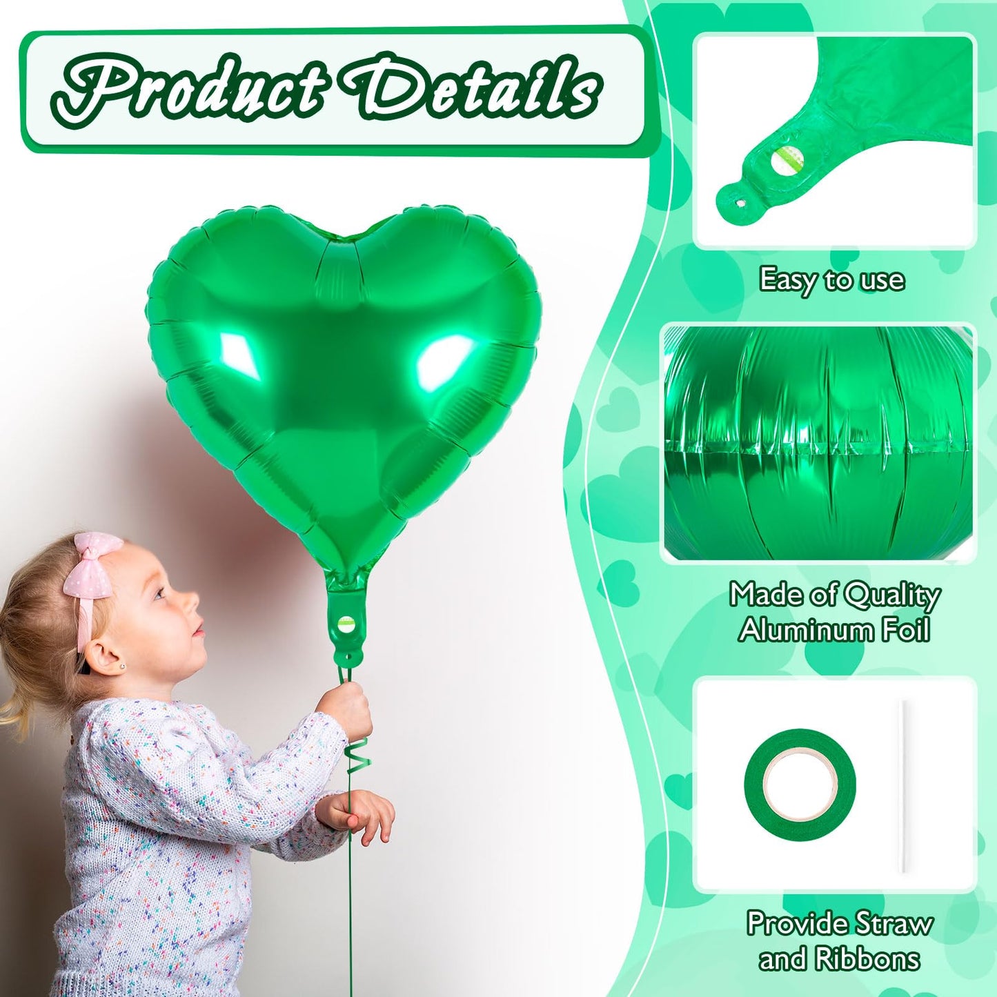 12 Pcs Heart Balloons,18 Inch Green Heart Foil Balloons Love Balloons Valentine Balloons For Birthday Party Wedding Engagement P