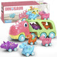 Dinosaur Car Toy for Toddler Girl, Dino Carrier Truck with 4 Mini Cartoon Pull Back Cars with Realistic Lights and Sounds, Pink