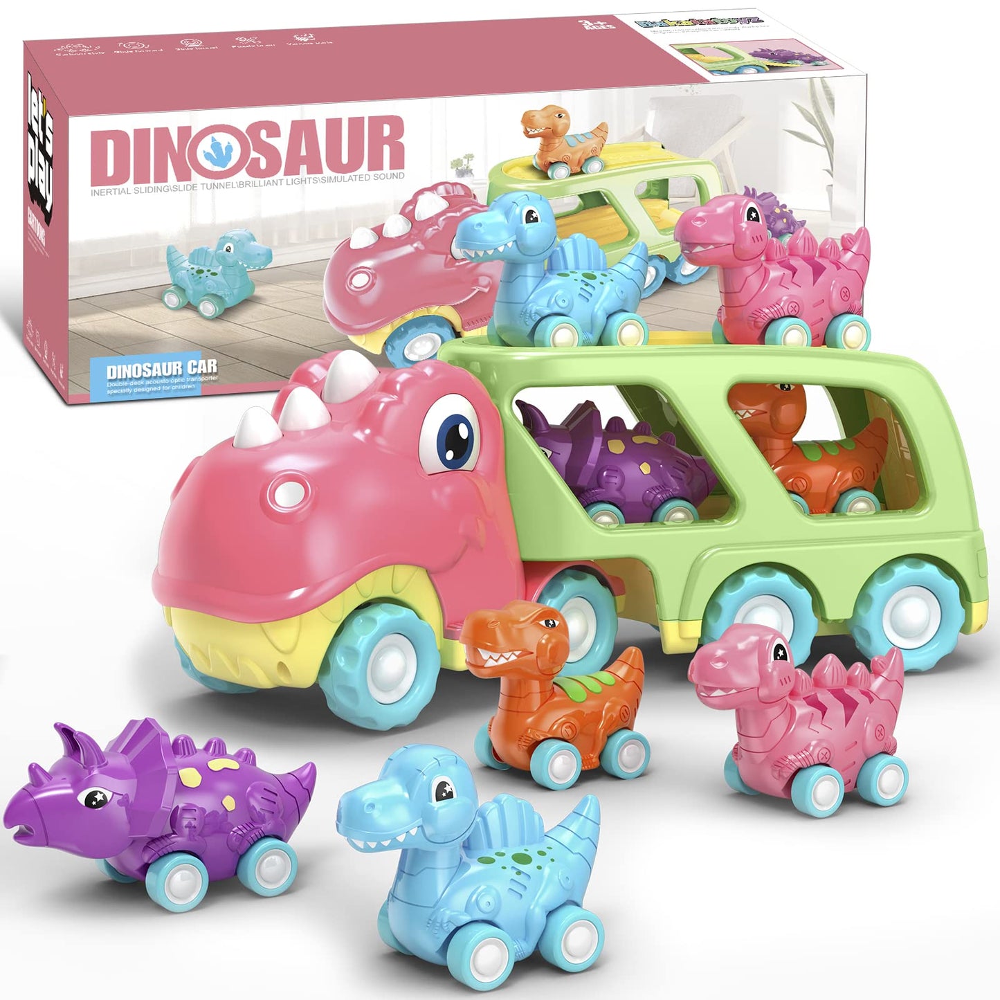 Dinosaur Car Toy for Toddler Girl, Dino Carrier Truck with 4 Mini Cartoon Pull Back Cars with Realistic Lights and Sounds, Pink