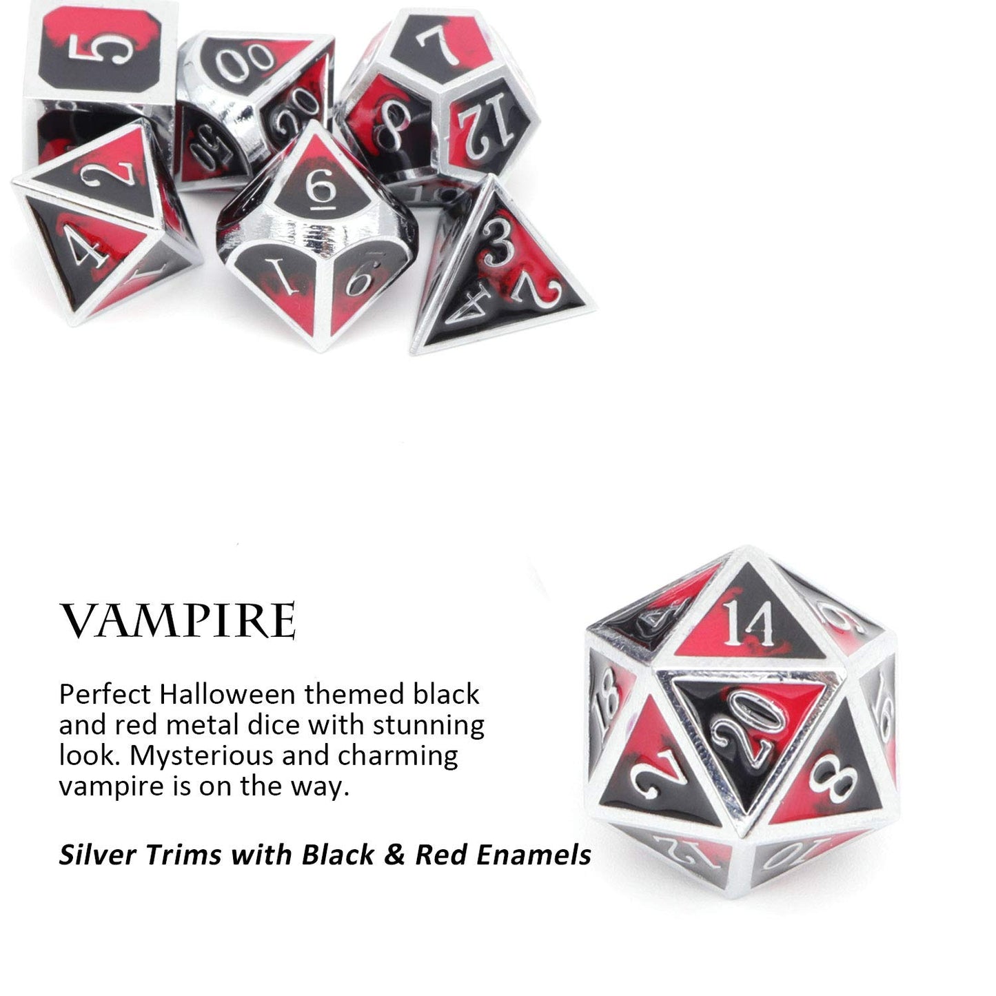 Haxtec DND Metal Dice Set D&D Red and Black Metal DND Dice for Dungeons and Dragons RPG Games-Vampire(Silver Black Red)