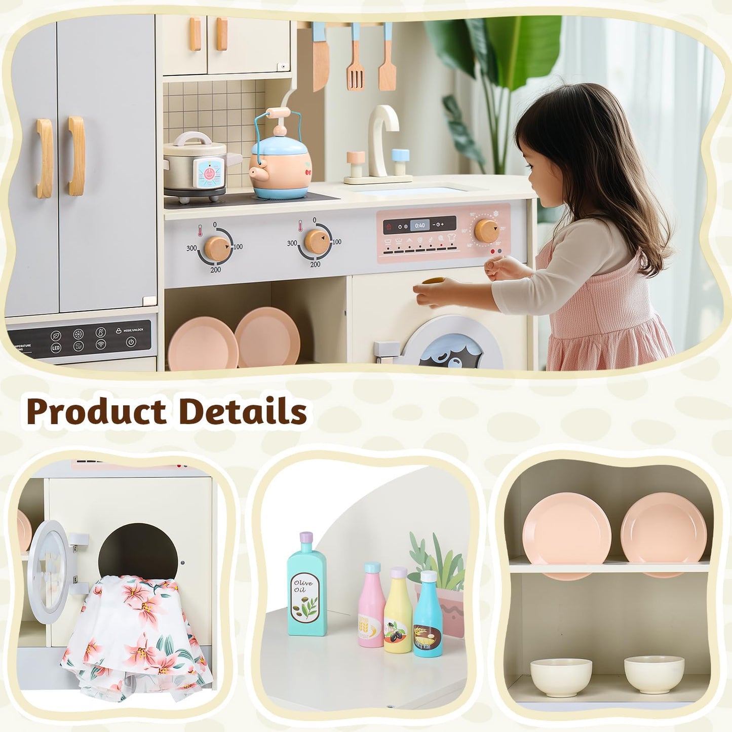 Ktaxon Wooden Play Kitchen For Kids, Pretend Kitchen Playset With Toy Double-Door Refrigerator, Storage Space & Cooking Set Acce