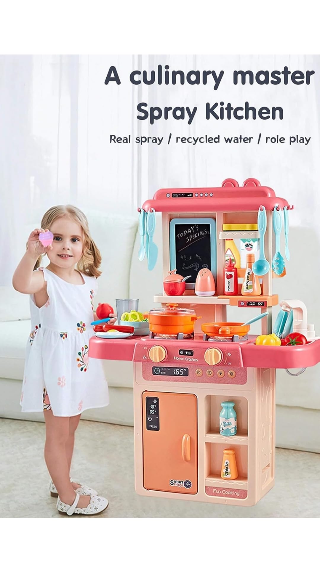 KIDLOOP House Girls Plastic Kitchen Set Toys with Realistic Lights & Sounds & Kitchen Accessories Set (3 Year Old, 42 Pieces, P