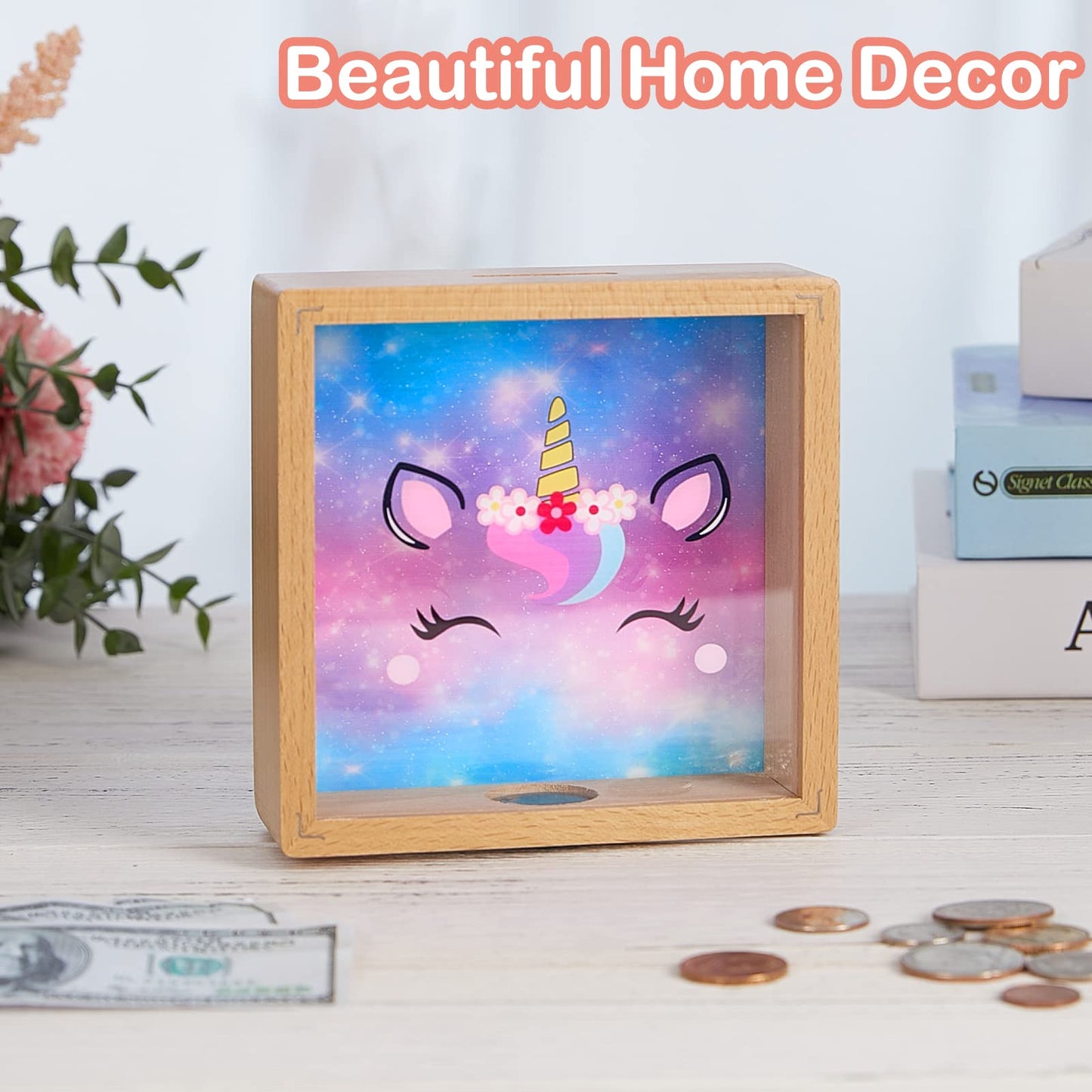Piggy Bank For Kids, Wooden Money Coin Bank For Boys And Girls, Dinosaur Unicorn Piggy Banks With Diy Stickers For Birthday, Easter Gifts (Purple Blue)